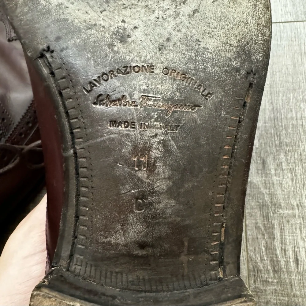 Salvatore Ferragamo Brown Wing Tip Square Toe Lace Up Dress Shoes Size 11 - Picture 7 of 7